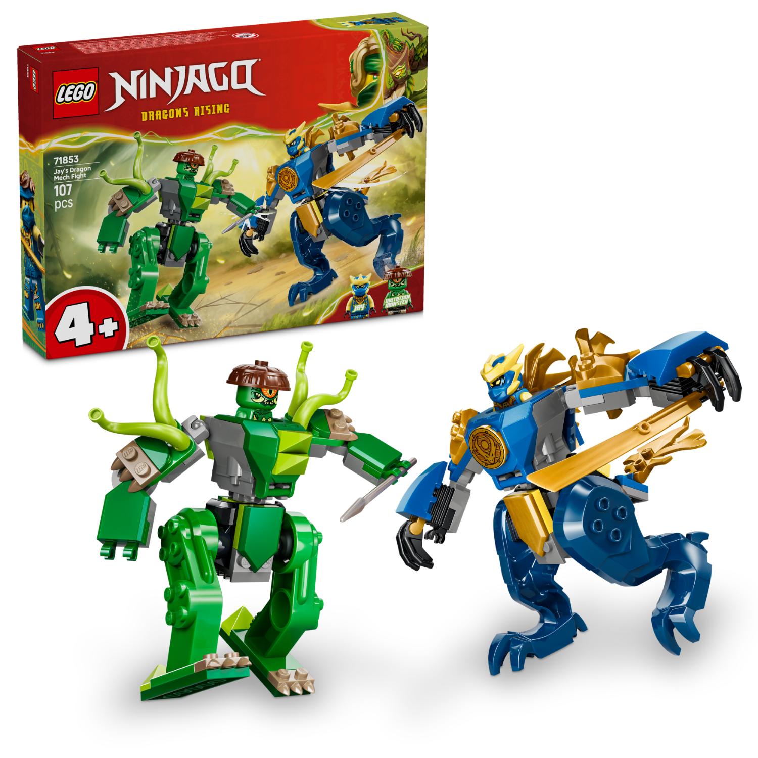 LEGO Ninjago Jays Dragon Mech Fight -rakennussarja, jossa on vihreä mecha ja sininen lohikäärme-mecha sekä niihin kuuluvat minihahmot.