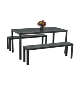 Puutarhapöytä musta muovia ja kaksi penkkiä