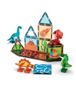 Värikkäistä, läpikuultavista Geomag-magneettipalikoista koottu linna, jossa on dinosaurusfiguureja, kaktuksia ja tulivuori-aiheisia paneeleja.