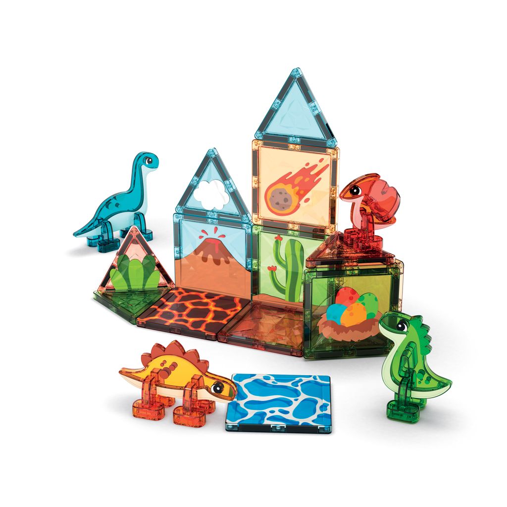 Värikkäistä, läpikuultavista Geomag-magneettipalikoista koottu linna, jossa on dinosaurusfiguureja, kaktuksia ja tulivuori-aiheisia paneeleja.
