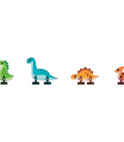 Neljä pientä dinosaurusfiguuria Geomag-magneettilaattojen Dino World -sarjasta; ne on valmistettu värikkäistä magneettisista rakennuslaatoista, jotka on kiinnitetty mustiin alustoihin.