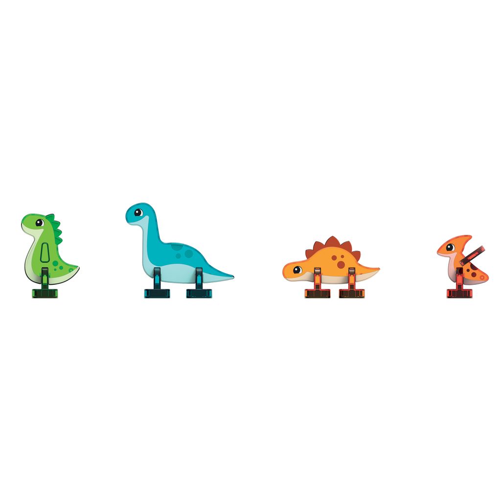 Neljä pientä dinosaurusfiguuria Geomag-magneettilaattojen Dino World -sarjasta; ne on valmistettu värikkäistä magneettisista rakennuslaatoista, jotka on kiinnitetty mustiin alustoihin.