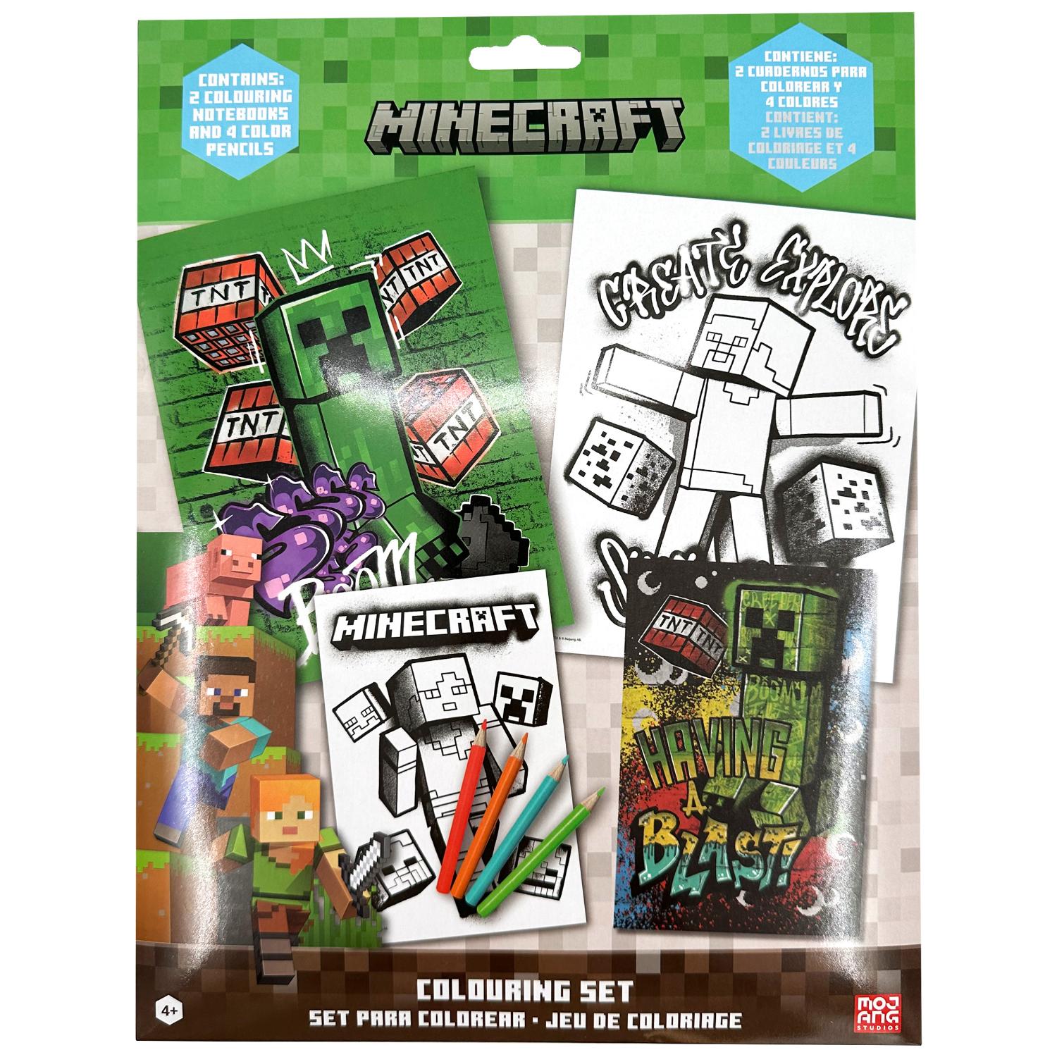 Minecraft-värityssetti, joka sisältää kaksi muistikirjaa ja neljä värikynää sekä hahmo- ja peliaiheisia kuvituksia.