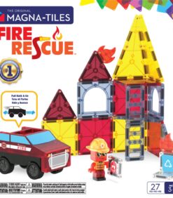 Magna-Tiles -palopelastussarjan pakkaus, jossa on magneettiset palikat, joista on koottu paloasema, lelupaloauto, palomieshahmo ja palotoimintaan liittyviä tarvikkeita. Ikäsuositus: 3–99 vuotta, sisältää 27 kappaletta.