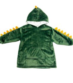 Vihreä, pehmeä lasten huppari, joka on muotoiltu dinosauruksen näköiseksi; hupussa ja selässä on keltaisia piikkejä, edessä tasku ja hupussa valkoiset hampaat.