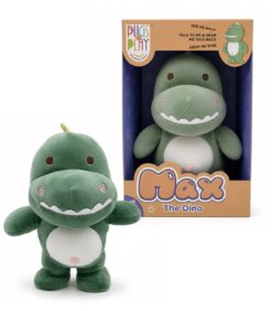 Vihreä pehmolelu, dinosaurus nimeltä Max, kuvattuna sekä myyntipakkauksensa ulkopuolella että sisällä.