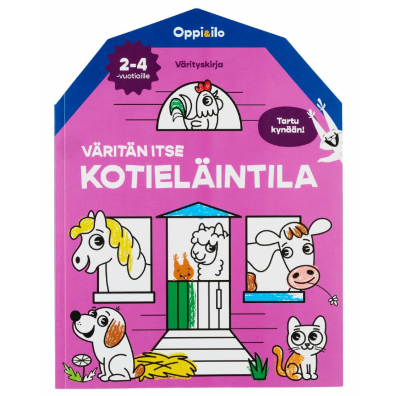Suomalainen 2–4-vuotiaille tarkoitettu värityskirja nimeltä ”Väritän itse Kotieläintila” esittää vaaleanpunaisella kannella piirroshahmoina maatilan eläimiä, kuten koiran, hevosen, kissan, lehmän, kanan ja jäniksen.