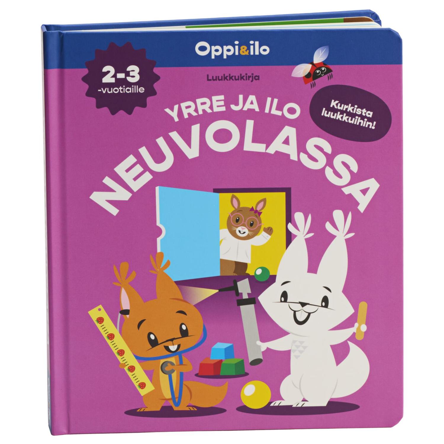 Suomalainen lastenkirja, jonka kannessa on kaksi sarjakuvamaista oravaa, keltainen viivoitin, palikoita ja ponnahdusikkuna. Kirjan nimi on YRRE JA ILO NEUVOLASSA. Sopii 2–3-vuotiaille.