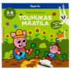 Värikäs suomalainen lasten askartelukirjan kansi, jossa on sarjakuvamaisia maatilan eläimiä, kukkia ja porkkanaa pitelevä sika. Teksti on suomeksi. Suositellaan 3–5-vuotiaille. Vasempaan reunaan on kiinnitetty valkoinen huopakynä.