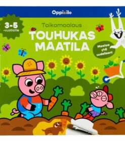 Värikäs suomalainen lasten askartelukirjan kansi, jossa on sarjakuvamaisia maatilan eläimiä, kukkia ja porkkanaa pitelevä sika. Teksti on suomeksi. Suositellaan 3–5-vuotiaille. Vasempaan reunaan on kiinnitetty valkoinen huopakynä.