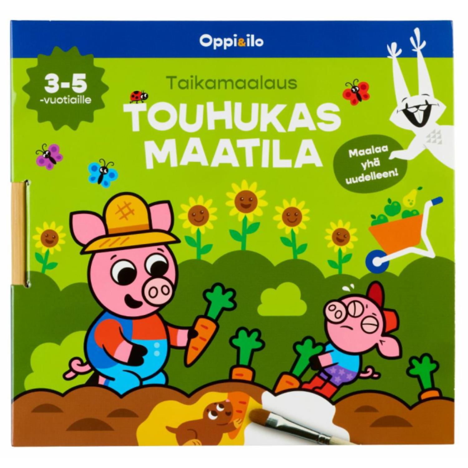 Värikäs suomalainen lasten askartelukirjan kansi, jossa on sarjakuvamaisia maatilan eläimiä, kukkia ja porkkanaa pitelevä sika. Teksti on suomeksi. Suositellaan 3–5-vuotiaille. Vasempaan reunaan on kiinnitetty valkoinen huopakynä.