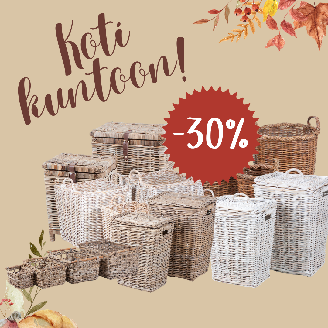 Etola-kokoelma valkoisia ja luonnonvärisiä pajuista valmistettuja säilytyskoreja, joissa on kansi, teksti Koti kuntoon! sekä -30 %:n alennusmerkki.