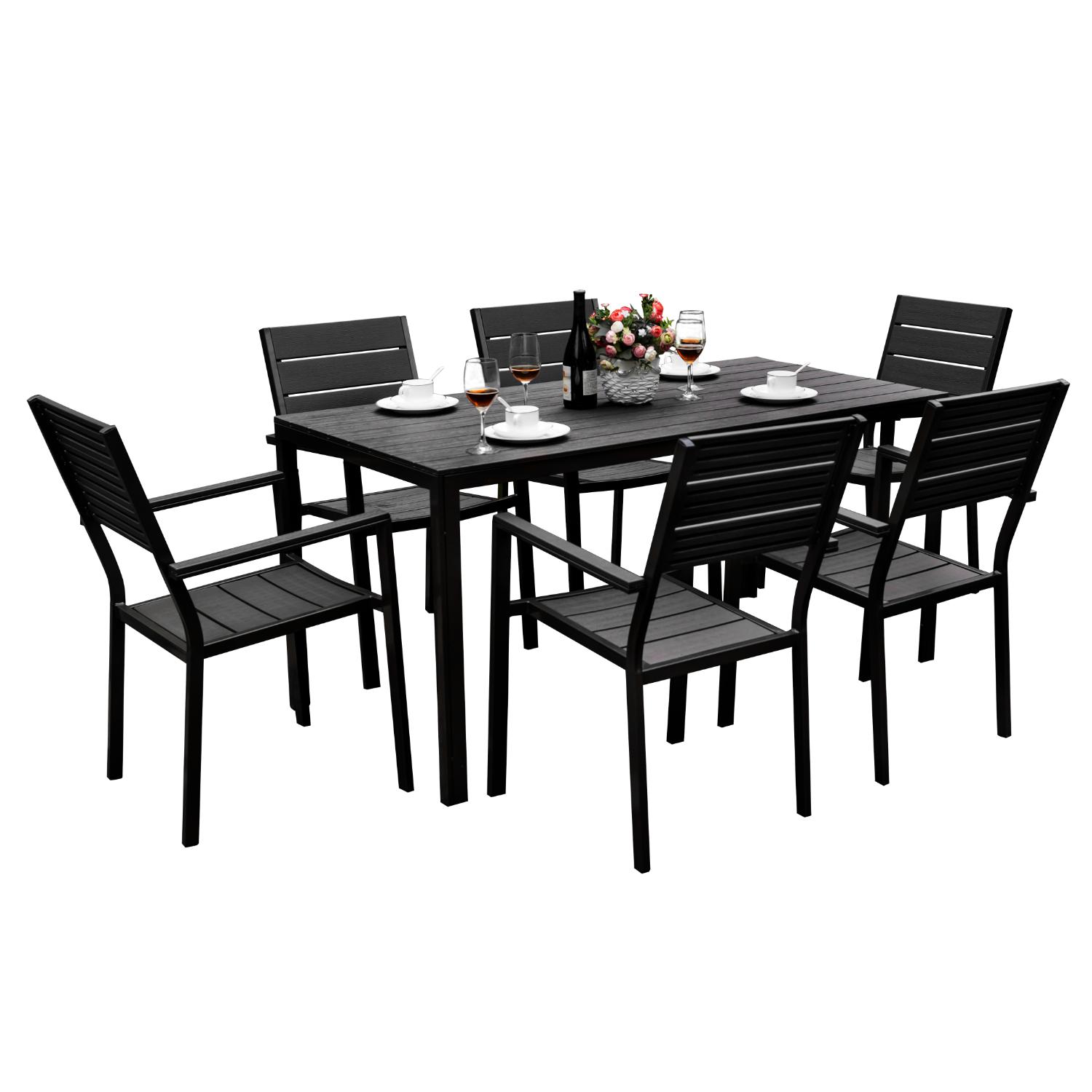 Puutarhapöytä musta muovia ja kuusi mustaa tuolia