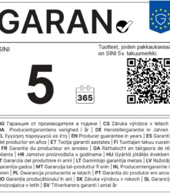 GARAN SINI -tuotteen etiketti, jossa näkyy suuri numero 5, kalenterikuvake, jossa lukee 365, QR-koodi, kuvaukset useilla kielillä sekä EU-tyylinen sininen sinetti, jossa on tähtiä ja kirjain G.