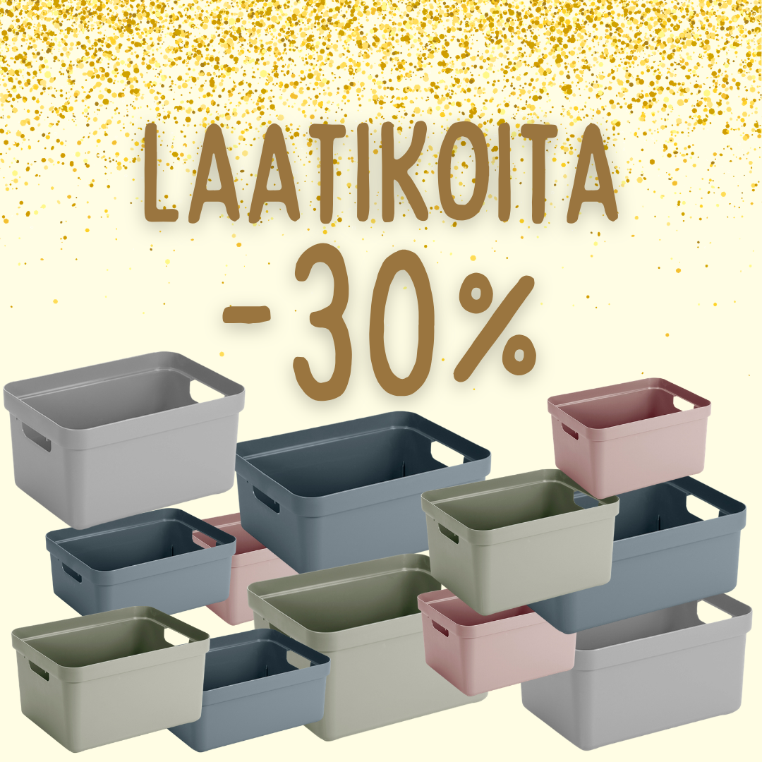 Pinoon asetetut Etola-säilytyslaatikot eri väreissä ja kokoissa, joiden päällä on kultaisia konfetteja. Suurikokoisessa tekstissä lukee ”LAATIKOITA -30 %”, mikä tarkoittaa, että laatikoista myönnetään 30 prosentin alennus.