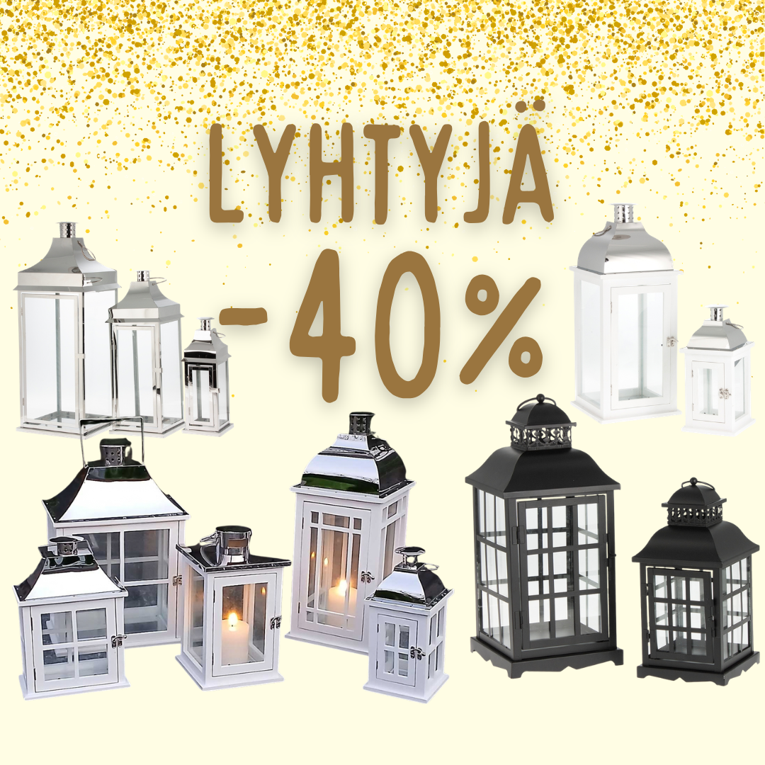 Valkoiset ja mustat koristeelliset lyhdyt, joiden yläpuolella lukee ”LYHTYJA -40 %”. Kultaiset konfettit koristavat kuvan yläosaa ja korostavat Etolan tyylikästä valikoimaa.
