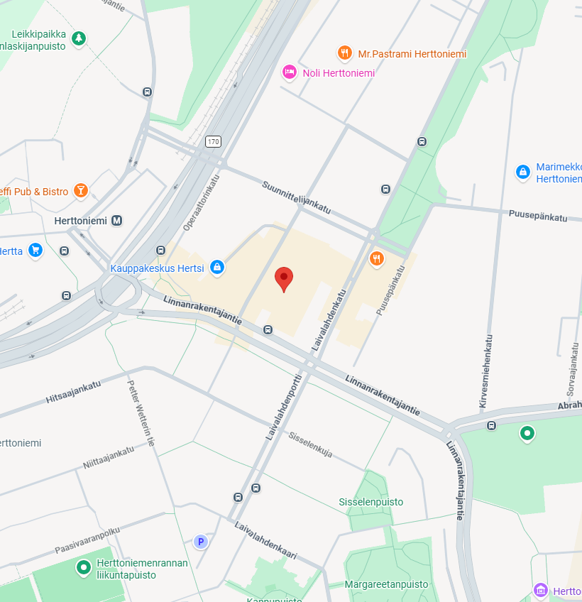 Kartta, jossa näkyy Kauppakeskus Hertsi ja sitä ympäröivät kadut Herttoniemellä, Helsingissä, sekä merkittynä lähistöllä sijaitsevat puistot ja liikkeet, kuten Noli Herttoniemi ja Sisälelunpuisto.