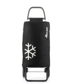 Musta ostoskärry, jossa on kaksi pyörää, kahva ja metallirunko. Etupuolella on suuri valkoinen lumihiutaleen kuvio ja oikeassa yläkulmassa valkoisella tekstillä merkitty tuotemerkki Rolser.