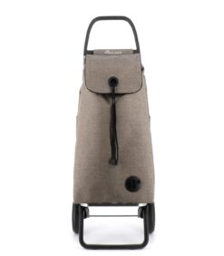 Beige kaksipyöräinen ostoskärry, jossa on musta kahva, edessä kiristysnauhallla suljettava tasku ja pohjassa taitettava metallirunko.