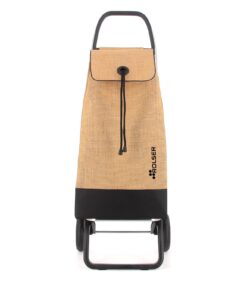 Beige-musta ostoskärry, jossa on vetoketjullinen suljin ja kantokahva. Etupuolelle on painettu pystysuoraan sana ROLSER.