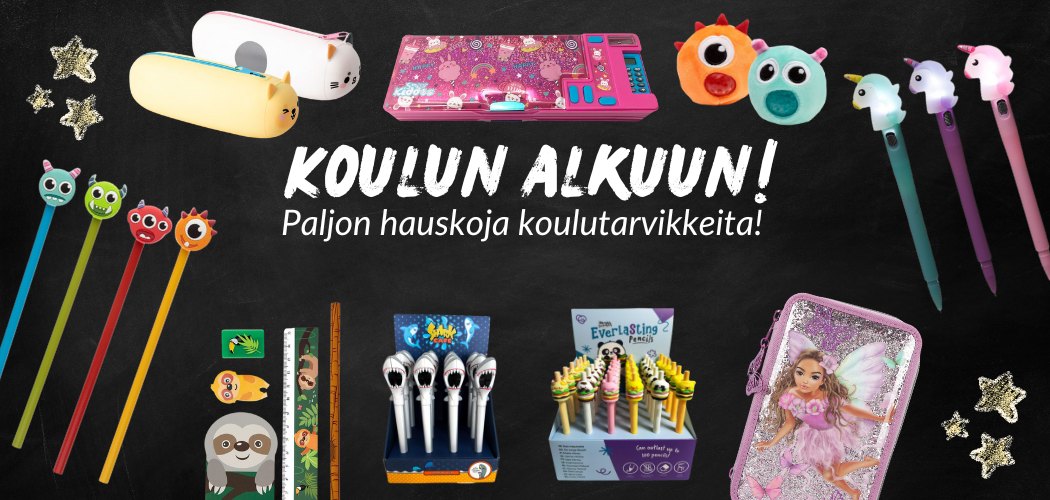 Koulutarvikkeita sikin sokin mustalla taustalla