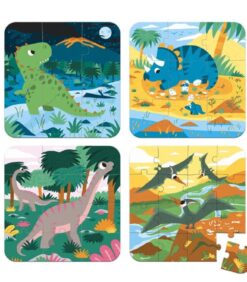 Dinosaurus-palapelipakkaus sisältää neljä värikästä dinosauruspalapeliä: T. rex yöllä, Triceratops poikineen, pitkäkaulainen dinosaurus metsässä sekä joen yli lentävät Pteranodonit. Neljännestä palapelistä puuttuu yksi pala.