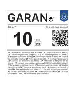 Tuotetarrassa näkyvät GARAN-merkintä, elintarvikekäyttöön hyväksymisilmoitus, QR-koodi, 10 vuotta sekä takuutiedot useilla kielillä. EU:n elintarviketurvallisuussymboli oikeassa yläkulmassa. Mukana Orthex™- ja Bins-tekstit, joissa mainitaan elintarvikekäyttöön hyväksyminen.