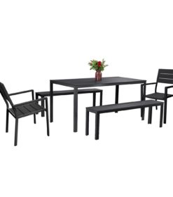 Puutarhapöytä musta muovia kaksi penkkiä ja kaksi mustaa tuolia