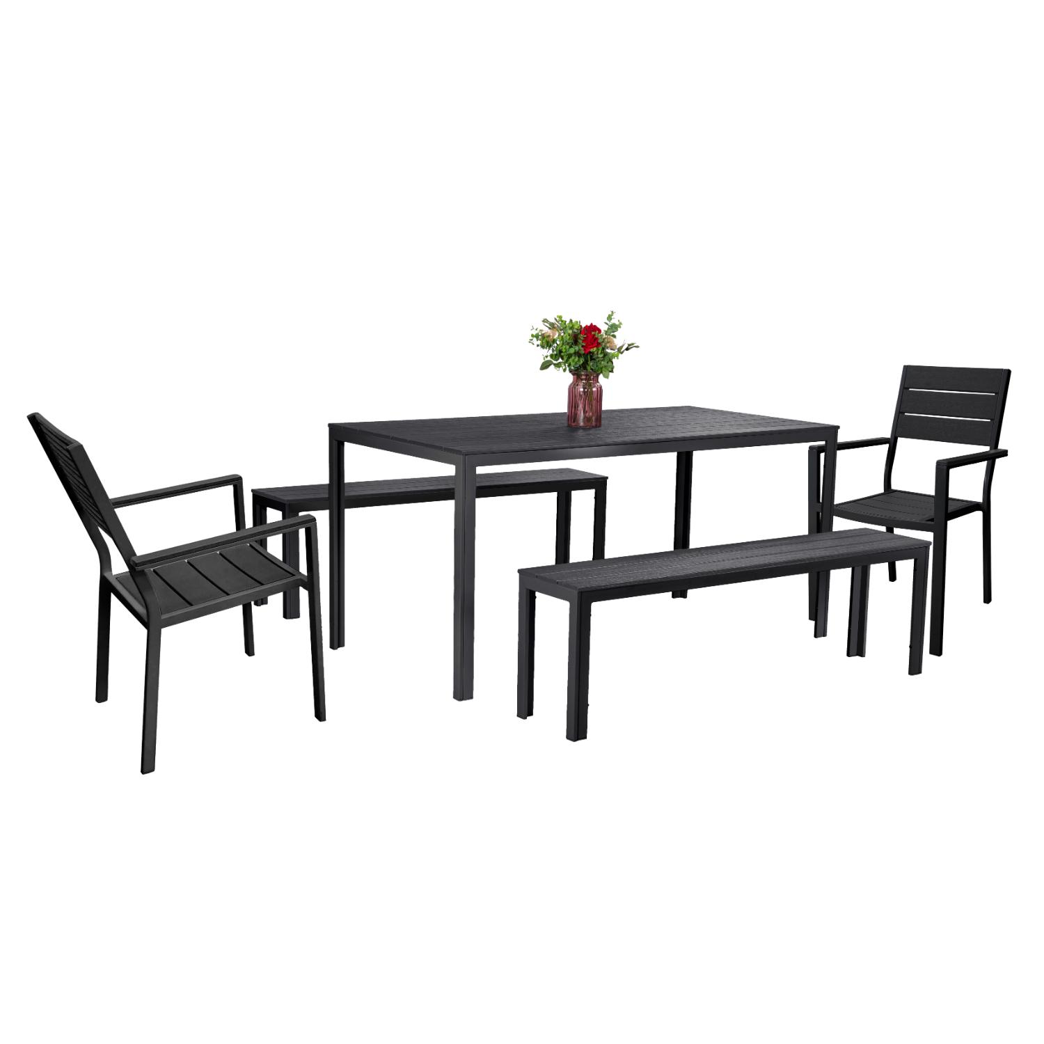 Puutarhapöytä musta muovia kaksi penkkiä ja kaksi mustaa tuolia