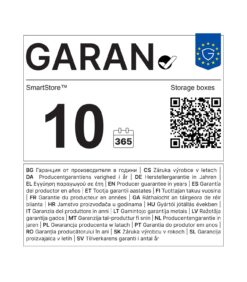Etiketti, jossa on teksti ”GARAN” ja sininen EU-tunnus. Suuri numero 10, jonka alla luku 365, QR-koodi, SmartStore-säilytyslaatikot sekä takuu vuosina useilla kielillä. Pääosin mustavalkoinen ulkoasu.