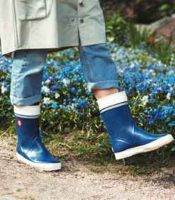 Hai kumisaapas sininen. Taustalla sinisiä kukkia.