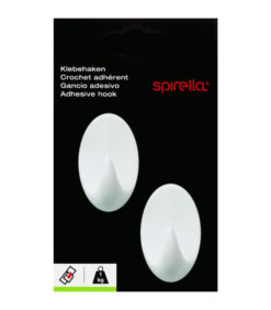 Kaksi valkoista soikeaa tarrakoukkua mustassa Spirella-pakkauksessa, tuotetiedot neljällä kielellä ja kuvake, joka osoittaa 1 kg:n painorajan.