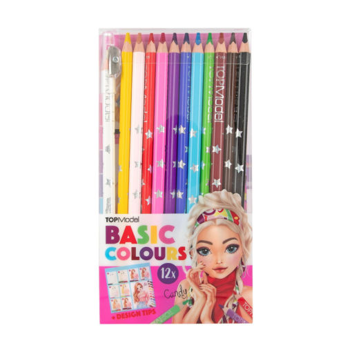 Kaksitoista värikynää sisältävä sarja kirkkaassa muovikotelossa, jossa on merkintä TOPModel Basic Colours. Pakkauksessa on kuvitettu tyttö, jolla on vaaleat hiukset ja värikkäät asusteet. Vasemmassa yläkulmassa on mukana teroitin.