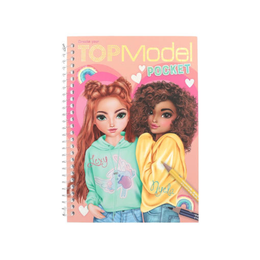 TOPModel Pocket -nimisessä spiraalimuistikirjassa on kuvitettuja tyttöjä, joista toisella on pitkät punaiset hiukset vihreässä hupparissa ja toisella kiharat ruskeat hiukset keltaisessa hupparissa. He seisovat lähekkäin, ja kannessa on sydämiä, sateenkaaria ja heidän nimensä.
