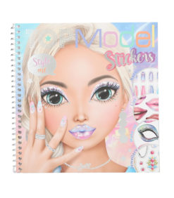 Kierresidottu tarrakirja, jossa on kuvitettu tyttö, jolla on vaaleat hiukset, värikäs meikki ja koristellut kynnet. Kannessa lukee Top Model Stickers ja siinä on esimerkkejä meikki- ja kynsimalleista.