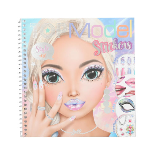 Kierresidottu tarrakirja, jossa on kuvitettu tyttö, jolla on vaaleat hiukset, värikäs meikki ja koristellut kynnet. Kannessa lukee Top Model Stickers ja siinä on esimerkkejä meikki- ja kynsimalleista.