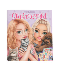 Kaksi animoitua tyttöä pitelee kissanpentua ja koiranpentua TOPModel Stickerworld -nimisen kirjan kannessa. Tausta on vaalean violetti ja siinä on tassunjälkiä, ja oikeassa alakulmassa näkyy erilaisia tarroja.
