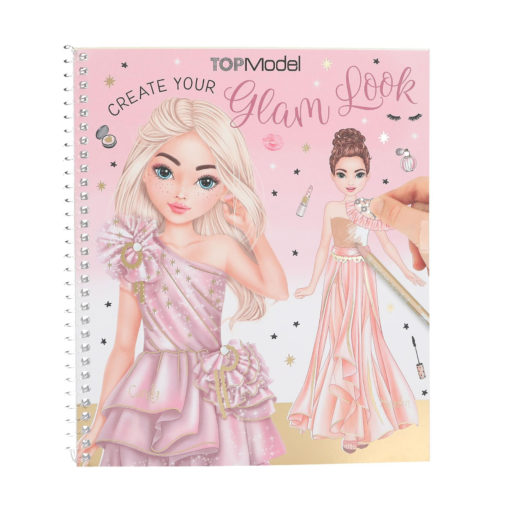 Kierresidottu TOPModel-muistikirja, jonka otsikko on Create Your Glam Look ja jossa on kuvitettuja tyttöjä hohdokkaissa vaaleanpunaisissa mekoissa ja käsi, joka värittää yhtä mekkoa, jota ympäröi meikki- ja muotiaiheinen grafiikka vaaleanpunaisella pohjalla.