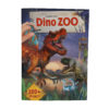 Värikkäässä kirjankannessa Create your Dino ZOO on kuvitettuja dinosauruksia, kuten T. rex ja velociraptorit, ja käsi asettaa tarran. Keltaisessa tarrassa lukee 200+ tarraa.