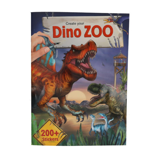 Värikkäässä kirjankannessa Create your Dino ZOO on kuvitettuja dinosauruksia, kuten T. rex ja velociraptorit, ja käsi asettaa tarran. Keltaisessa tarrassa lukee 200+ tarraa.