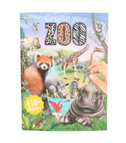 Värikkäässä toimintakirjan kannessa Create your Zoo (Luo eläintarha) on kuvitettuja eläimiä, kuten kirahvi, virtahepo, punainen panda, koala ja muita eläimiä, joiden kädessä on tarra. Keltaisessa tarrassa lukee 410+ tarraa.