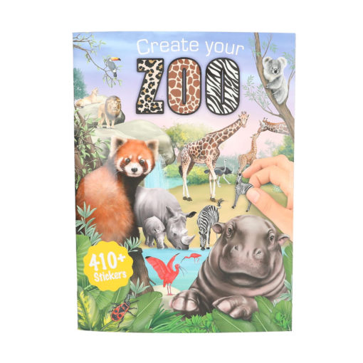 Värikkäässä toimintakirjan kannessa Create your Zoo (Luo eläintarha) on kuvitettuja eläimiä, kuten kirahvi, virtahepo, punainen panda, koala ja muita eläimiä, joiden kädessä on tarra. Keltaisessa tarrassa lukee 410+ tarraa.