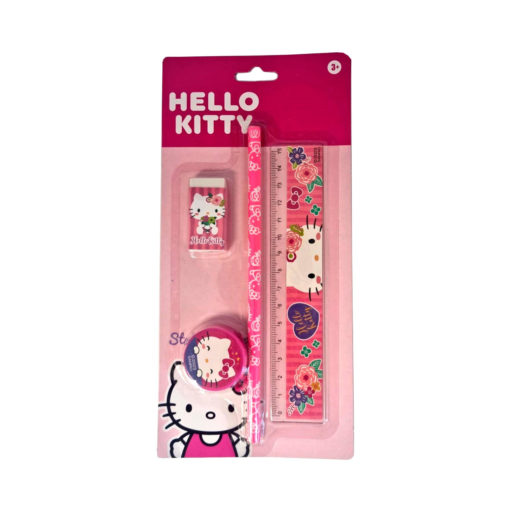 Hello Kitty -aiheinen paperitarvikesarja vaaleanpunaisessa pakkauksessa, sisältää viivoittimen, kynän, teroittimen ja pyyhekumin, jotka on koristeltu Hello Kitty- ja kukkakuvioilla. Sopii 3-vuotiaille ja sitä vanhemmille.