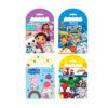 Neljä värikästä lasten värityssarjaa, joissa on Gabbys Dollhouse, Paw Patrol, Peppa Pig ja Spidey, joissa jokaisessa on sarjakuvahahmoja pakkauksessa ja erilaisia väritysmateriaaleja näkyvissä sisällä.