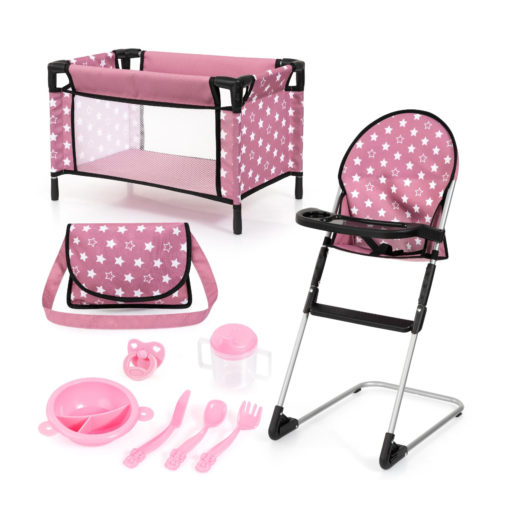 Nuken matkasänkysetti + syöttötuoli pinkki/tähdet
