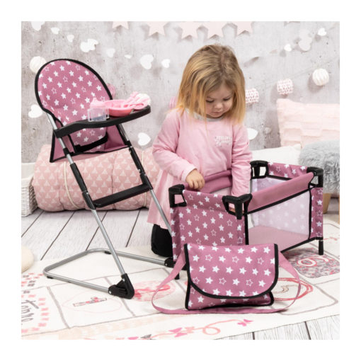 Nuken matkasänkysetti + syöttötuoli pinkki/tähdet - Image 2