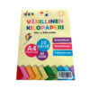 Pakkaus Värillinen Kilopaperi värillinen A4-paperi, 1 kg, 200 arkkia, 10 väriä, 80 GSM. Kannessa on värikkäitä paperiarkkeja, leija ja suomenkielistä tekstiä askarteluun, piirtämiseen ja tulostamiseen.
