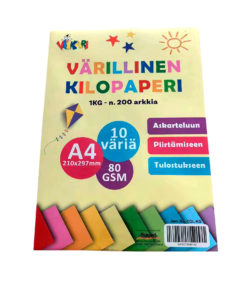 Pakkaus Värillinen Kilopaperi värillinen A4-paperi, 1 kg, 200 arkkia, 10 väriä, 80 GSM. Kannessa on värikkäitä paperiarkkeja, leija ja suomenkielistä tekstiä askarteluun, piirtämiseen ja tulostamiseen.