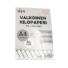Pakkaus valkoista A4-paperia, jossa on merkintä Valkoinen Kilopaperi, 80 GSM, paino 1 kg (n. 200 arkkia). Pakkauksessa on käsityö-, piirustus- ja painokuvakkeita sekä suomenkielinen teksti.