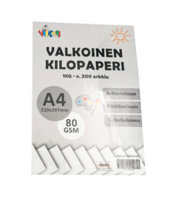 Pakkaus valkoista A4-paperia, jossa on merkintä Valkoinen Kilopaperi, 80 GSM, paino 1 kg (n. 200 arkkia). Pakkauksessa on käsityö-, piirustus- ja painokuvakkeita sekä suomenkielinen teksti.